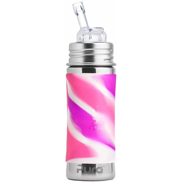 Purakiki Trinkflasche Sippy Trinkhalm 300 ml mit Silikon-Sleeve pink swirl