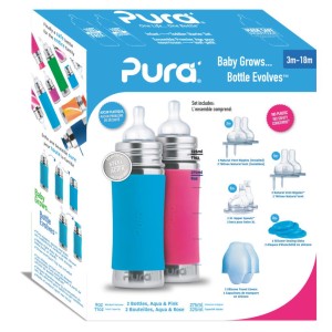 Purakiki Geschenkset Babyflasche 300 ml mit Silikon-Sleeve und Sauger aqua/pink