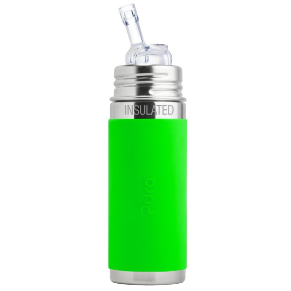 Purakiki Isolierte Trinkflasche mit Sippy Trinkhalm 260 ml mit Silikon-Sleeve ISO grün