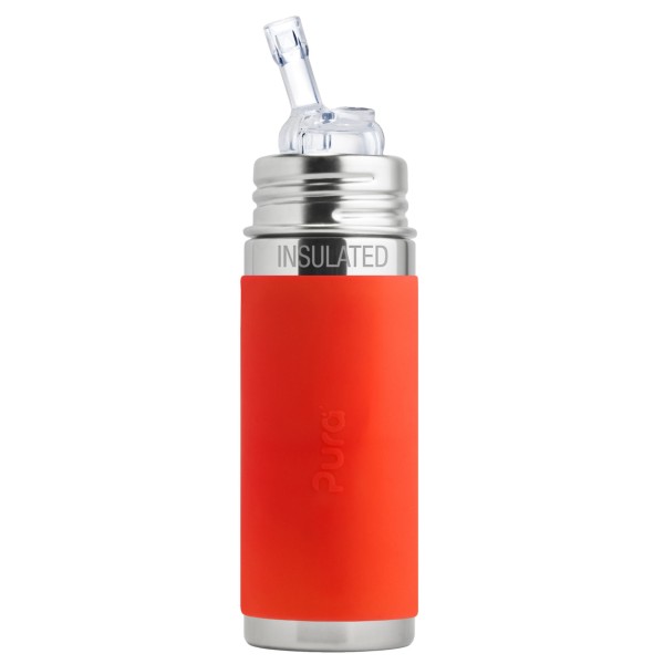 Purakiki Isolierte Trinkflasche mit Sippy Trinkhalm 260 ml mit Silikon-Sleeve ISO orange