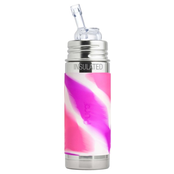 Purakiki Isolierte Trinkflasche mit Sippy Trinkhalm 260 ml mit Silikon-Sleeve ISO pink swirl