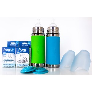 Purakiki Geschenkset Babyflasche 300 ml mit Silikon-Sleeve und Sauger aqua/green