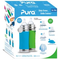 Purakiki Geschenkset Babyflasche 300 ml mit Silikon-Sleeve und Sauger aqua/green