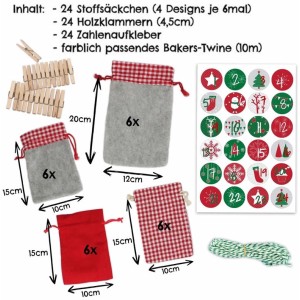Adventskalender Stoffsäckchen zum Basteln & Befüllen Rot-Grün