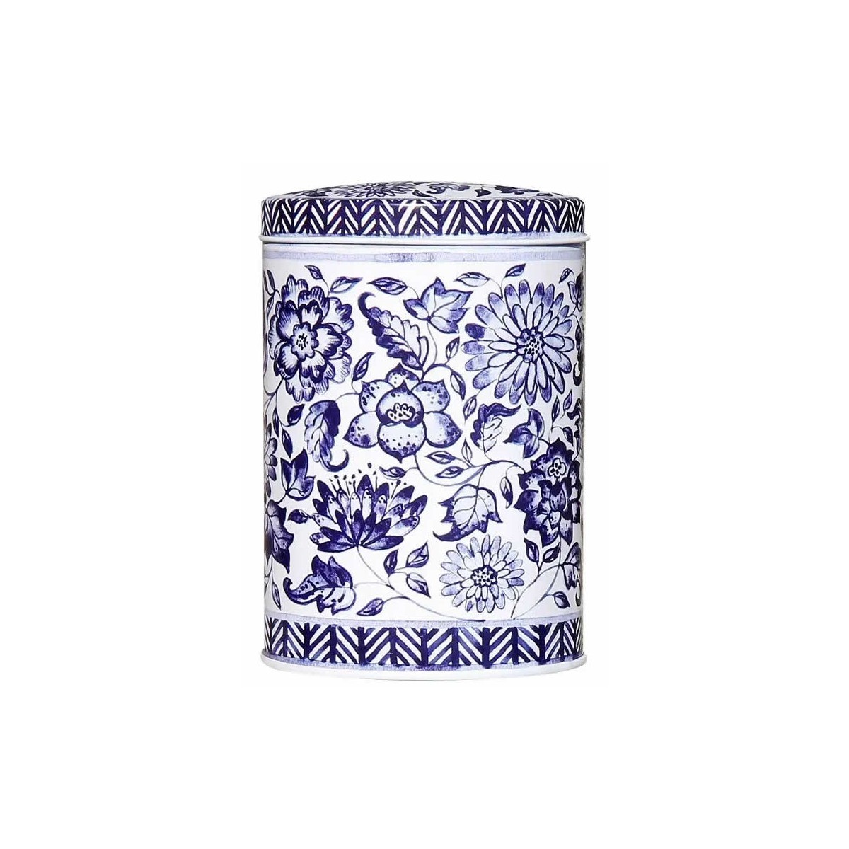 Ovale Metalldose Blumen Weiß-Blau